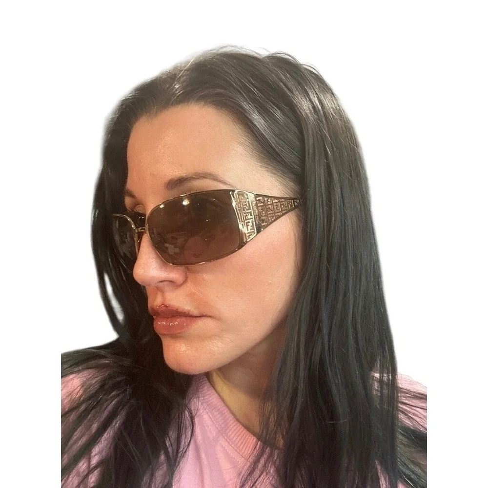Y2K‎ Vintage Fendi Sunglasses Gold Zucca Monogram Brown Gradient Lens Italy Case